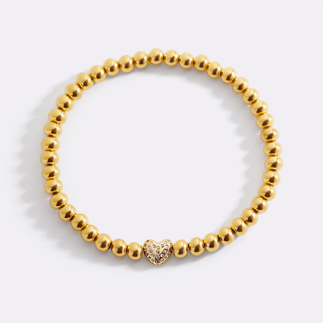 Pave Heart Gold Beaded Bracelet