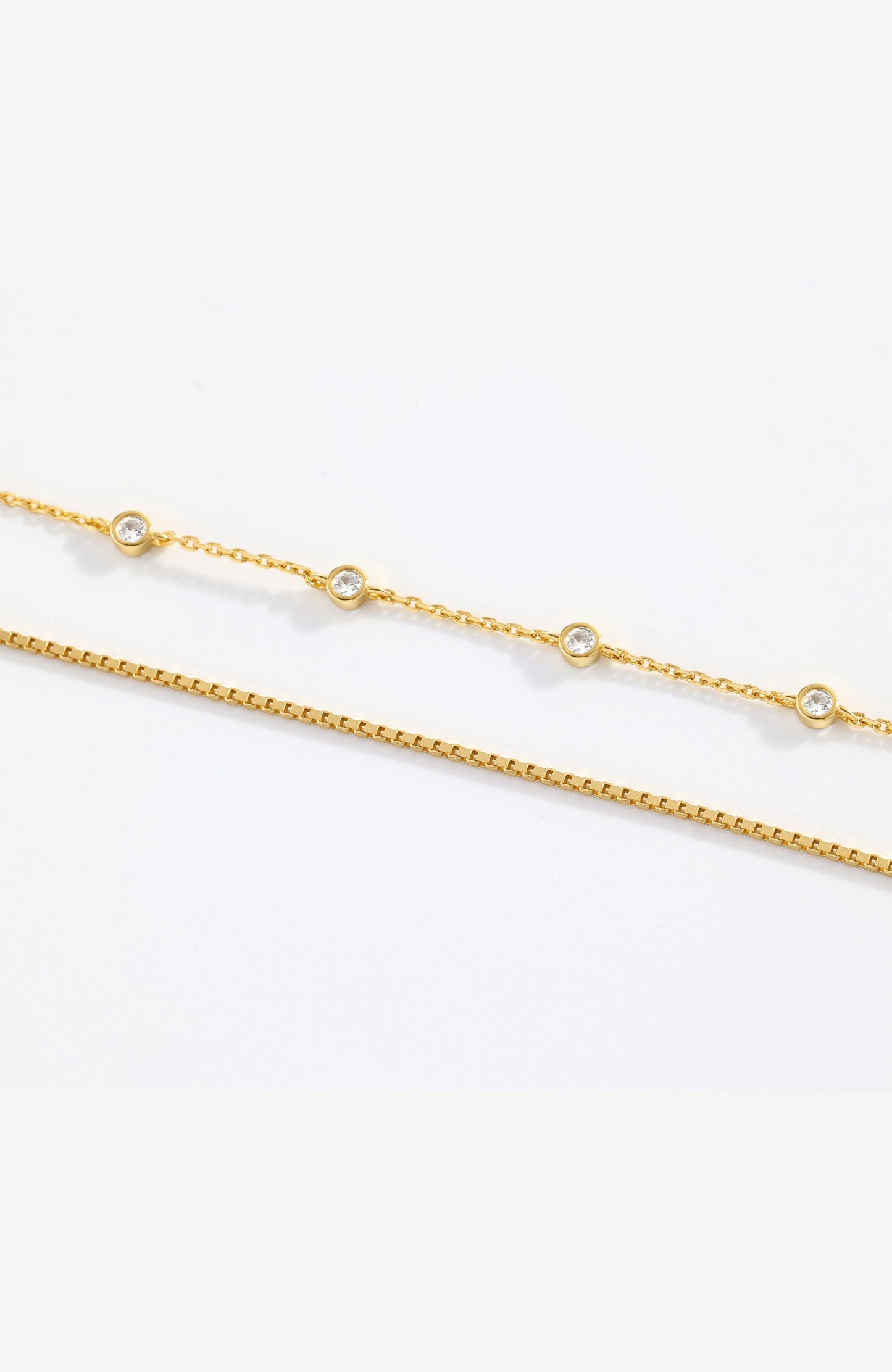 Bezel Set Diamond Bracelet and Box Chain Bracelet Stacking Set