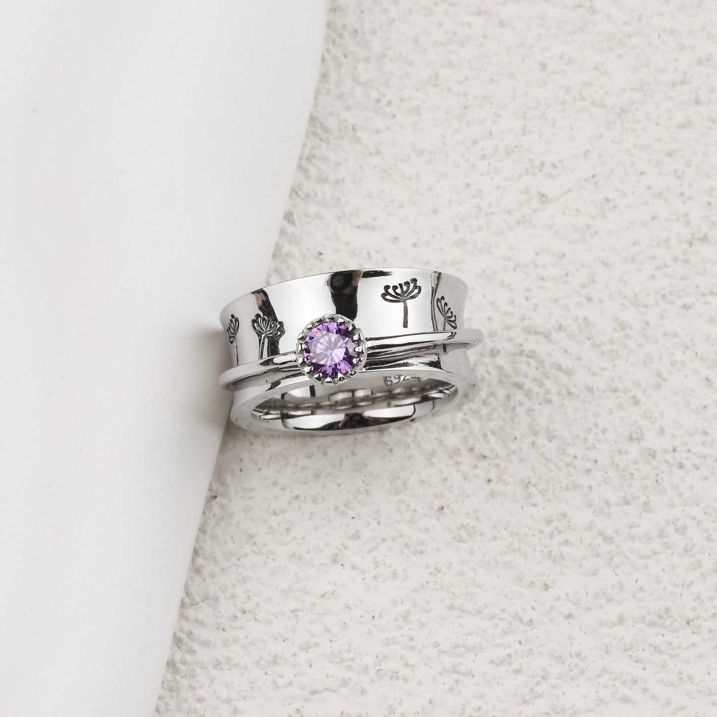 Silver Dandelion Birthstone Spinning Fidget Ring