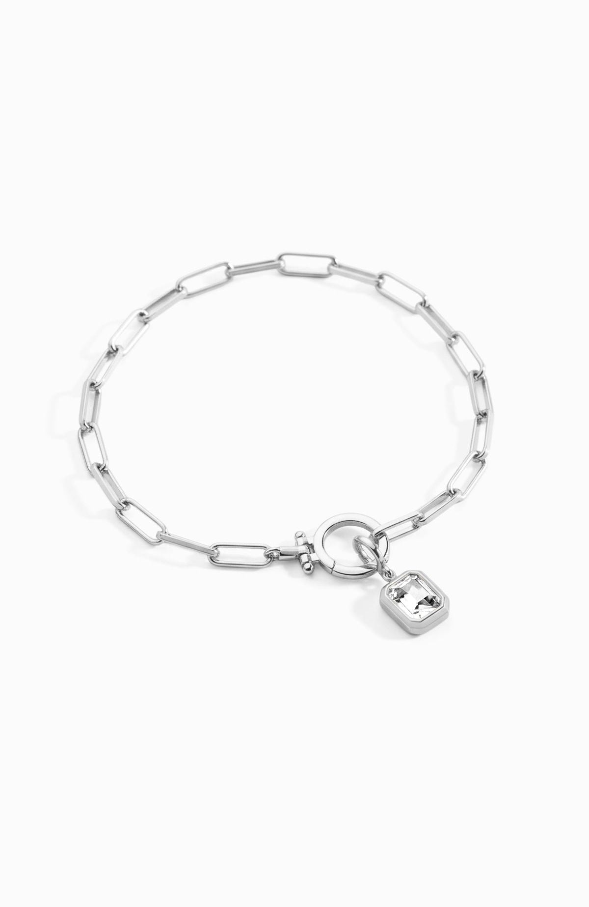 Baguette Birthstone Charm on Mint Paperclip Bracelet