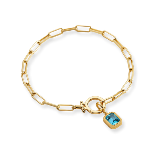 Baguette Birthstone Charm on Mint Paperclip Bracelet
