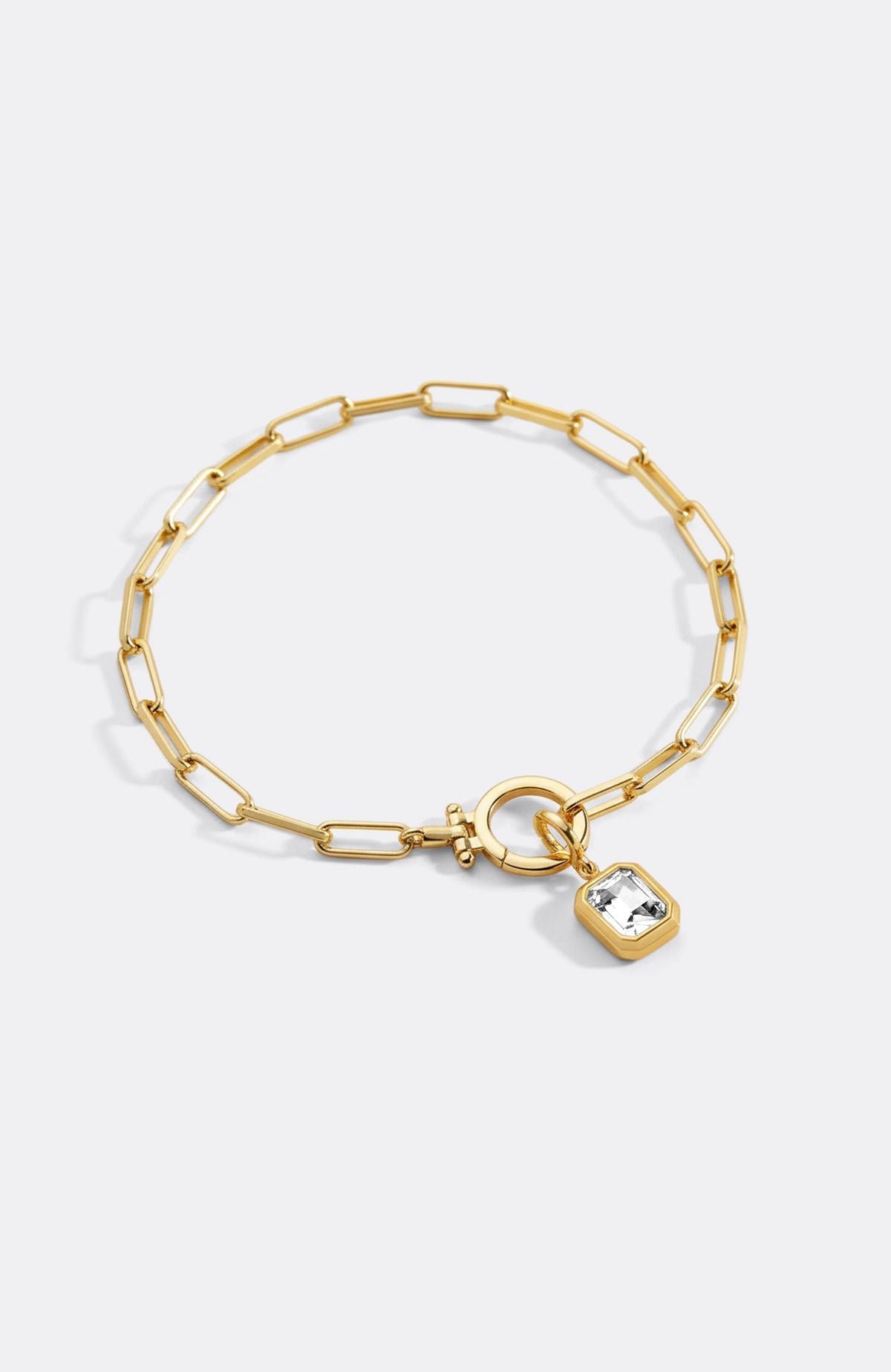Baguette Birthstone Charm on Mint Paperclip Bracelet