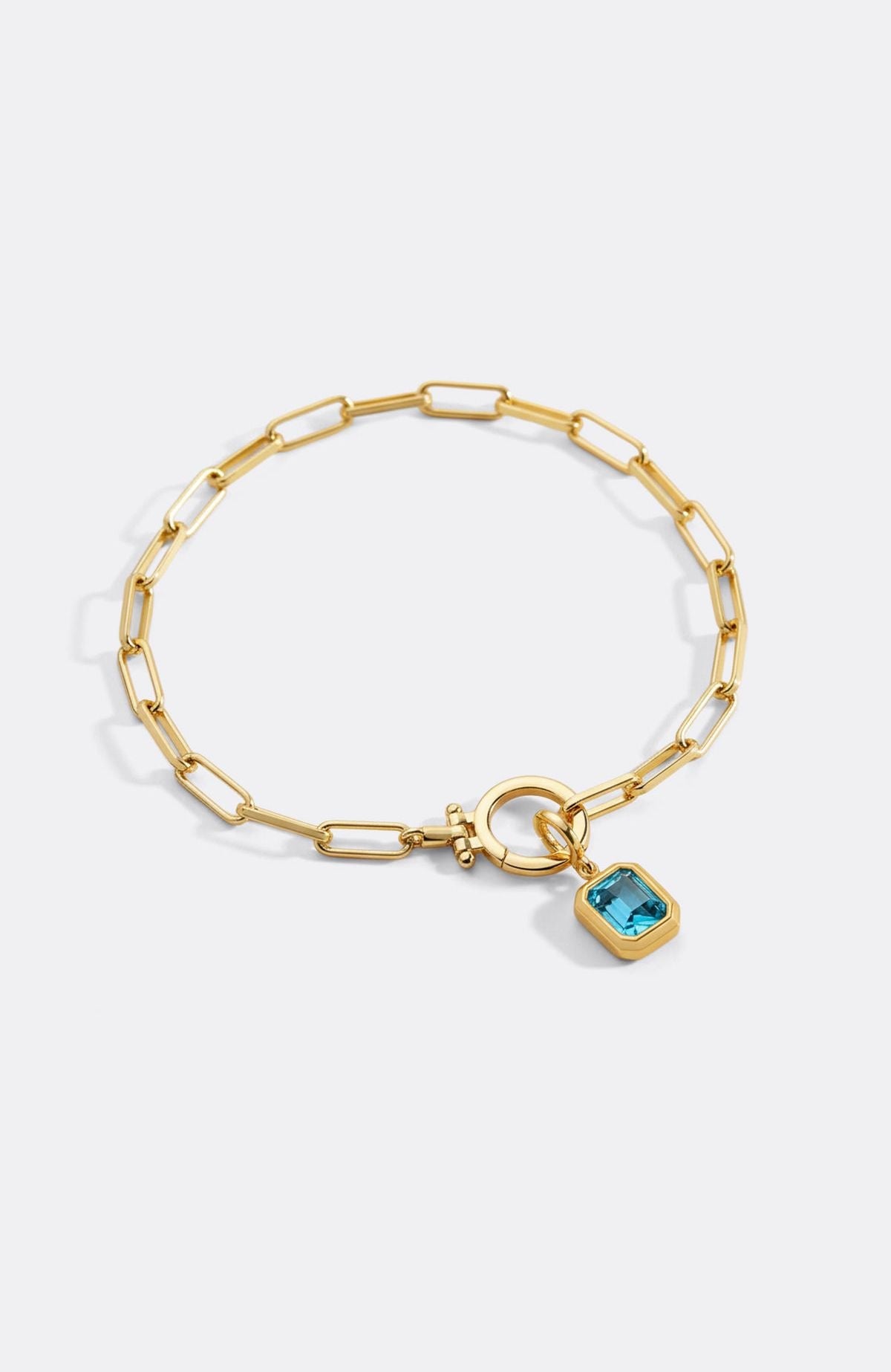 Baguette Birthstone Charm on Mint Paperclip Bracelet