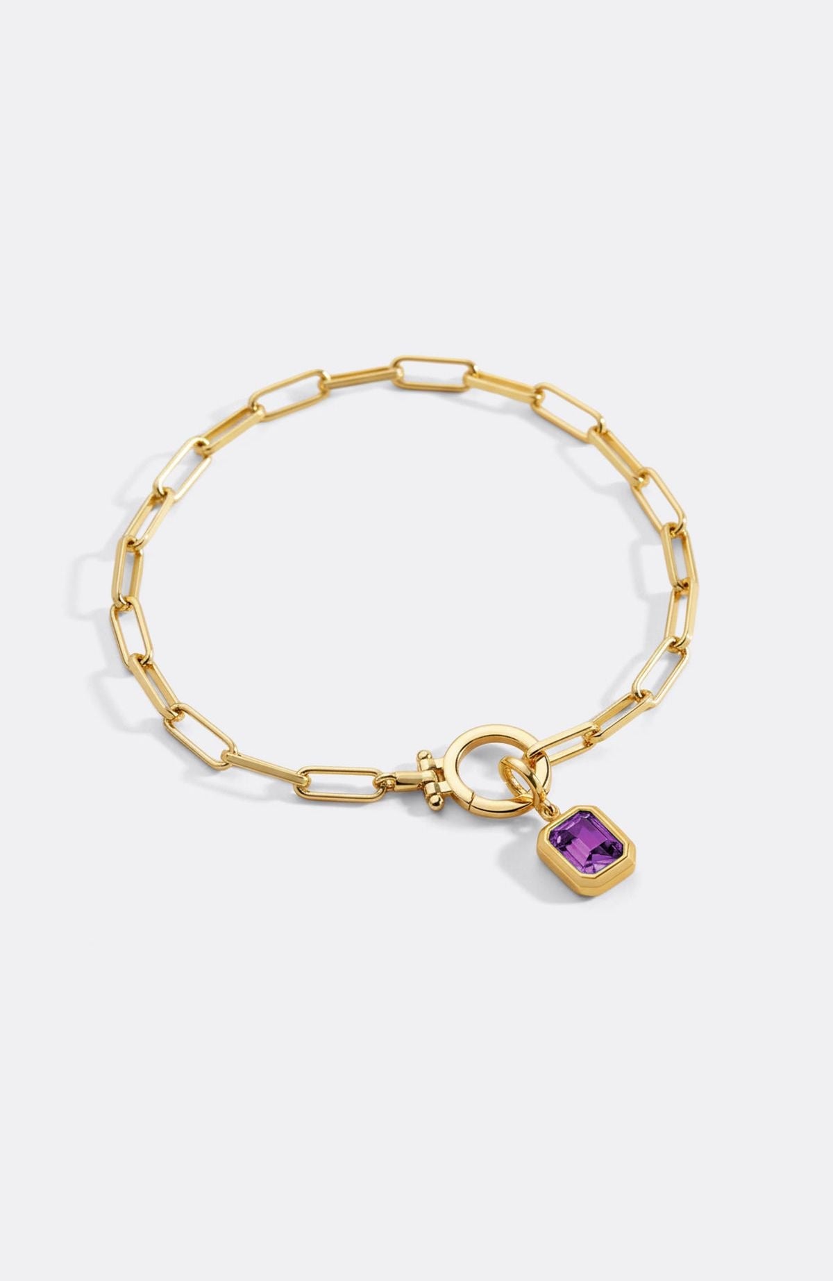 Baguette Birthstone Charm on Mint Paperclip Bracelet