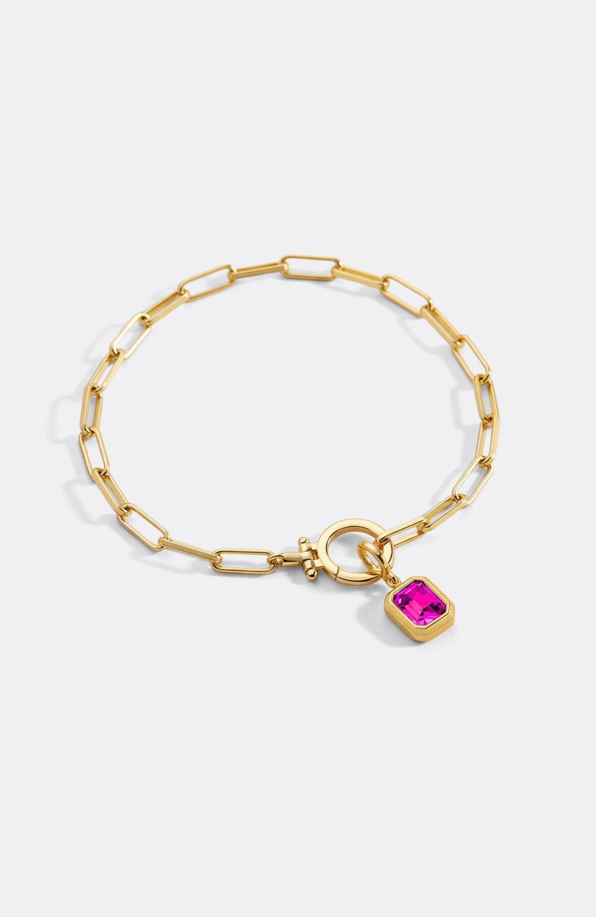 Baguette Birthstone Charm on Mint Paperclip Bracelet