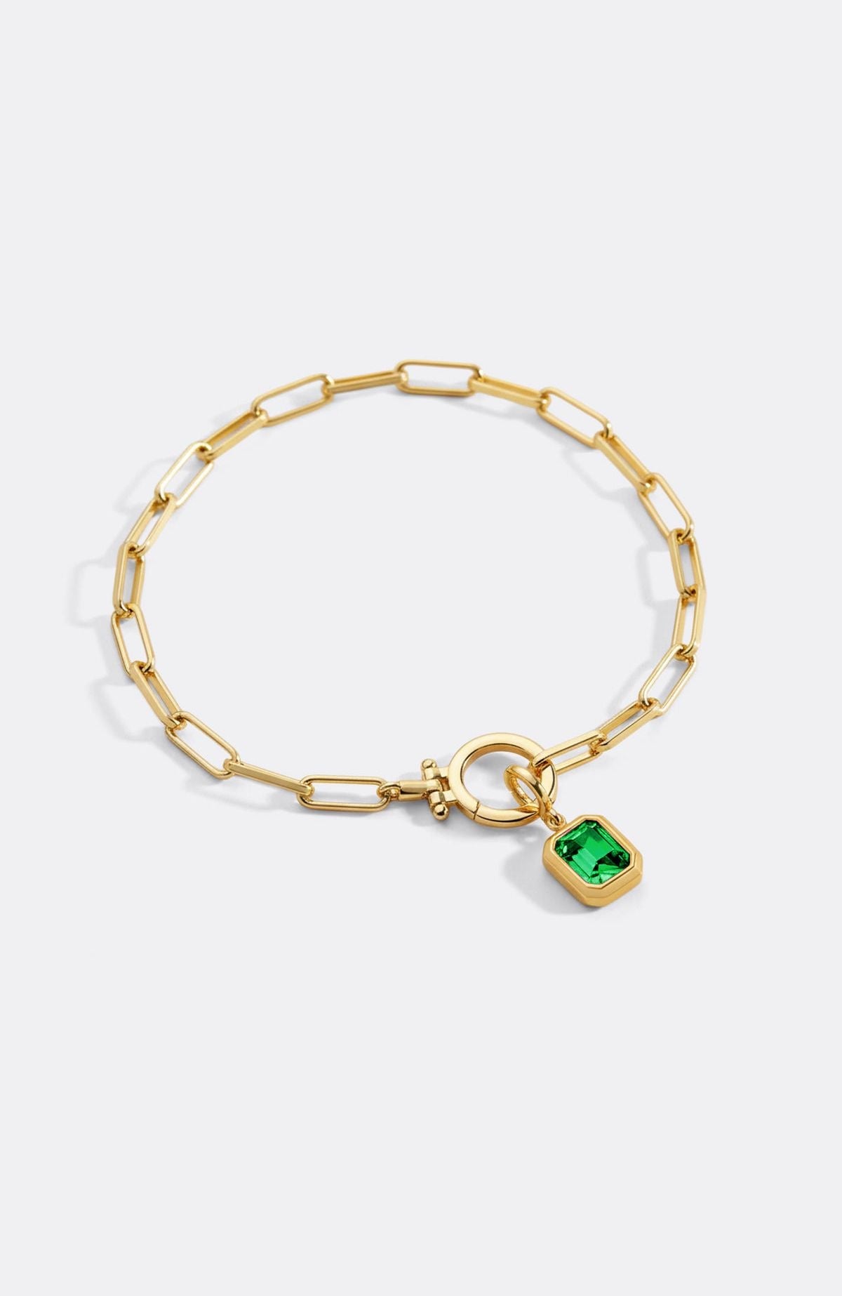 Baguette Birthstone Charm on Mint Paperclip Bracelet