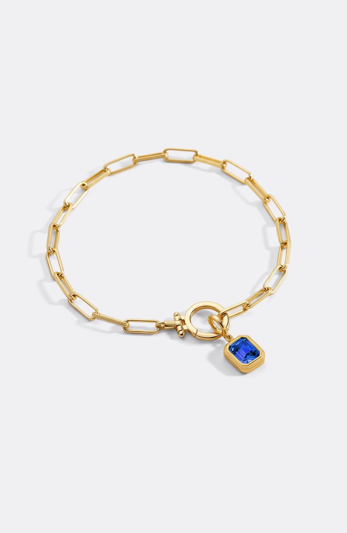 Baguette Birthstone Charm on Mint Paperclip Bracelet