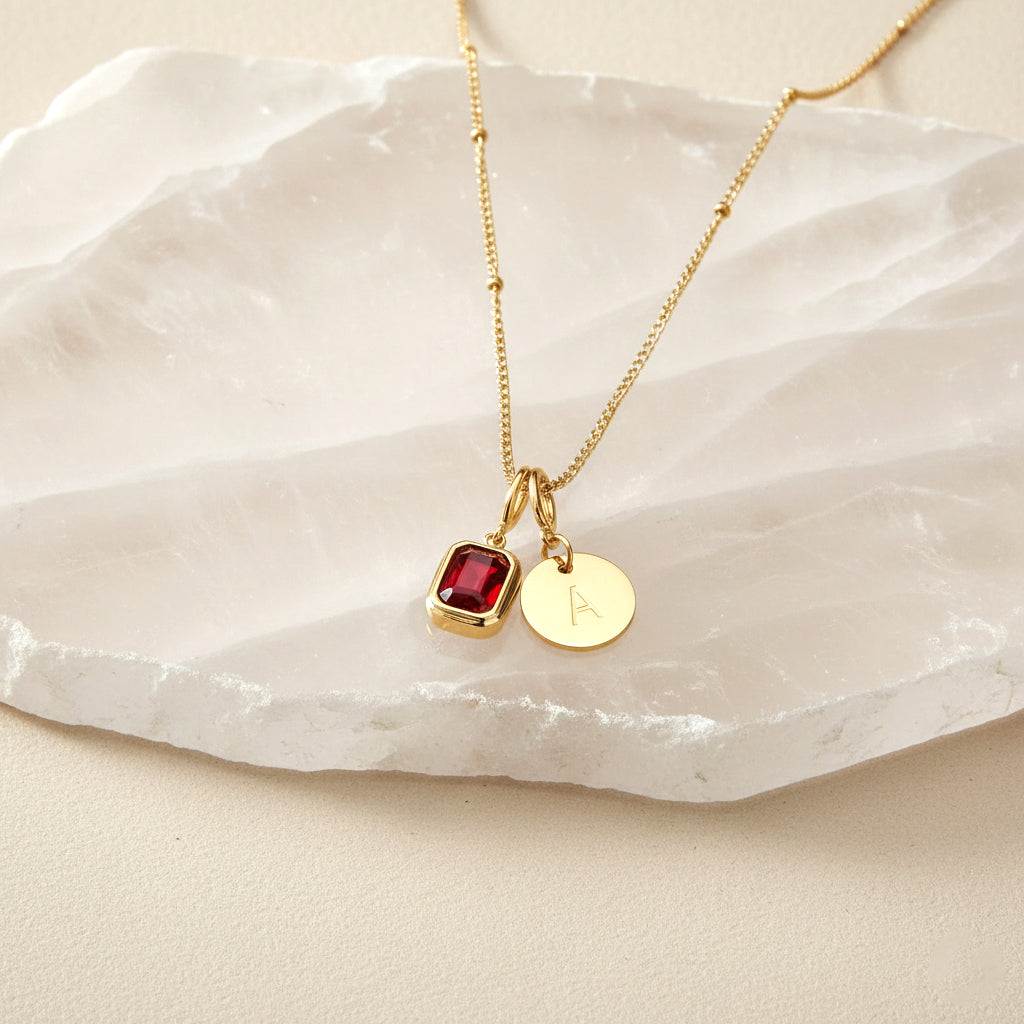 Baguette Birthstone & Initial Necklace