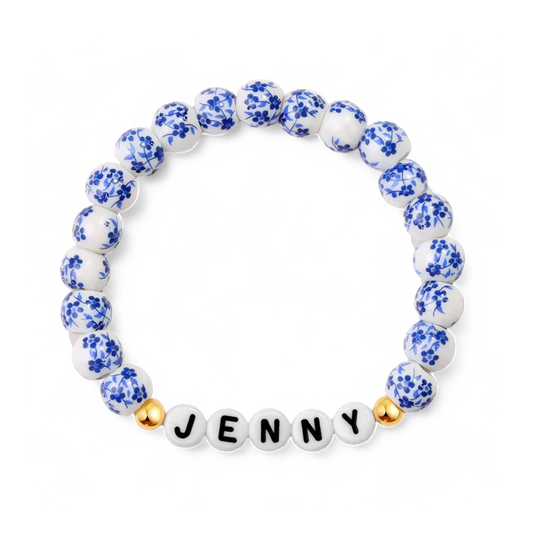 Custom Name Blue Porcelain Floral Beaded Bracelet