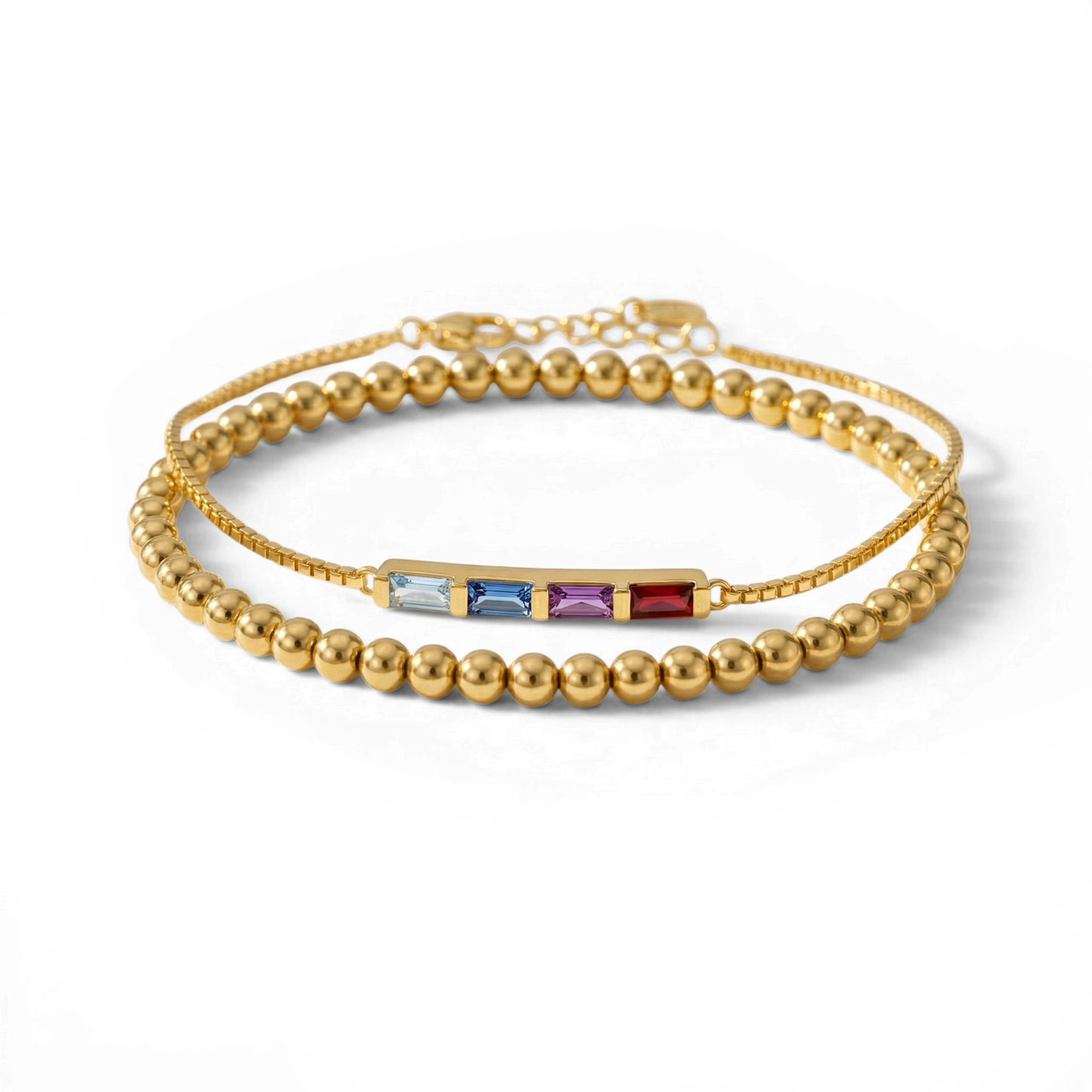 Dainty Baguette Birthstone Bracelet and Beaded Stacking Bracelet Set