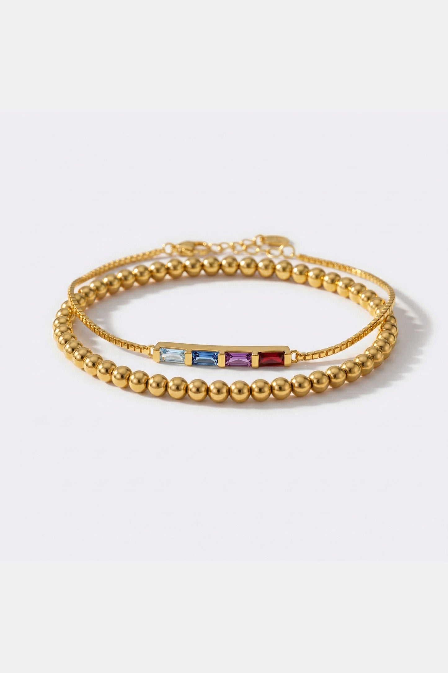Dainty Baguette Birthstone Bracelet and Beaded Stacking Bracelet Set