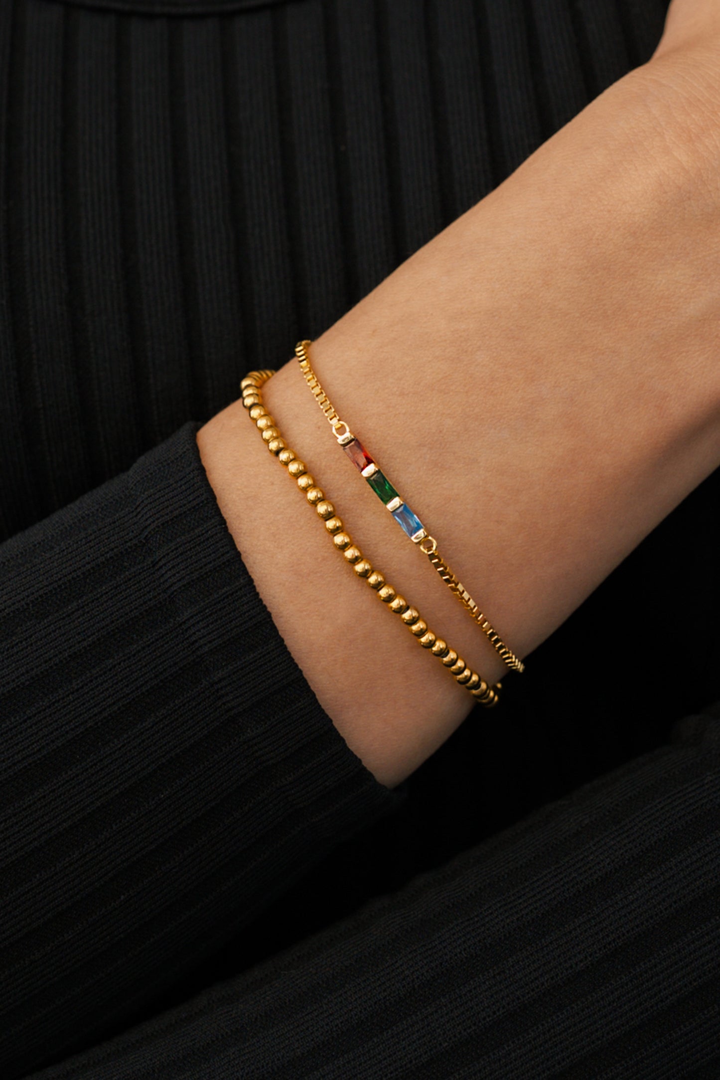 Dainty Baguette Birthstone Bracelet and Beaded Stacking Bracelet Set