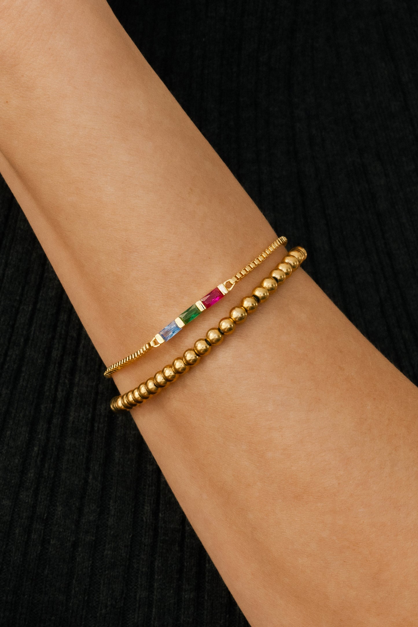 Dainty Baguette Birthstone Bracelet and Beaded Stacking Bracelet Set