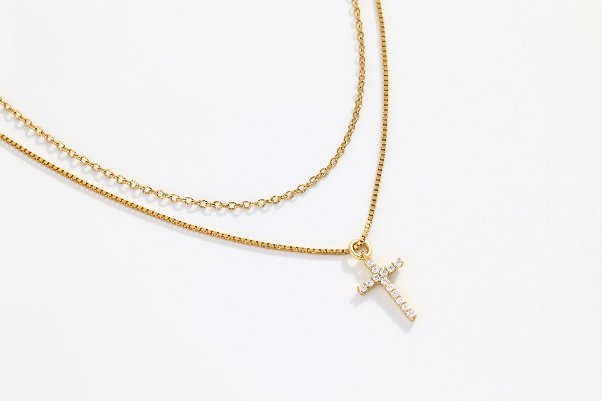 Dainty Cable Necklace with Pave Cross Chain Necklace Stacking Set