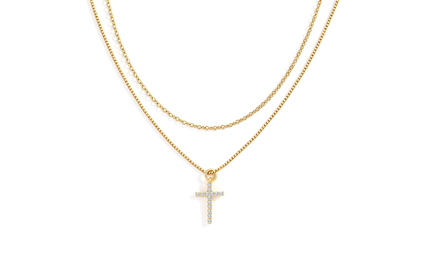 Dainty Cable Necklace with Pave Cross Chain Necklace Stacking Set
