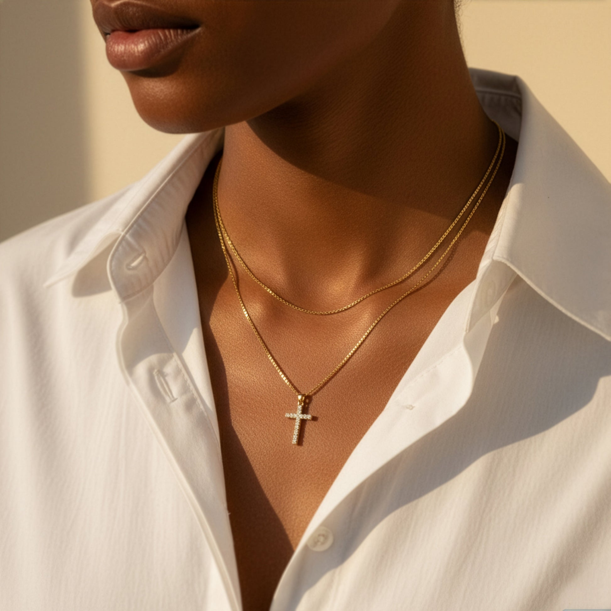 Dainty Cable Necklace with Pave Cross Chain Necklace Stacking Set