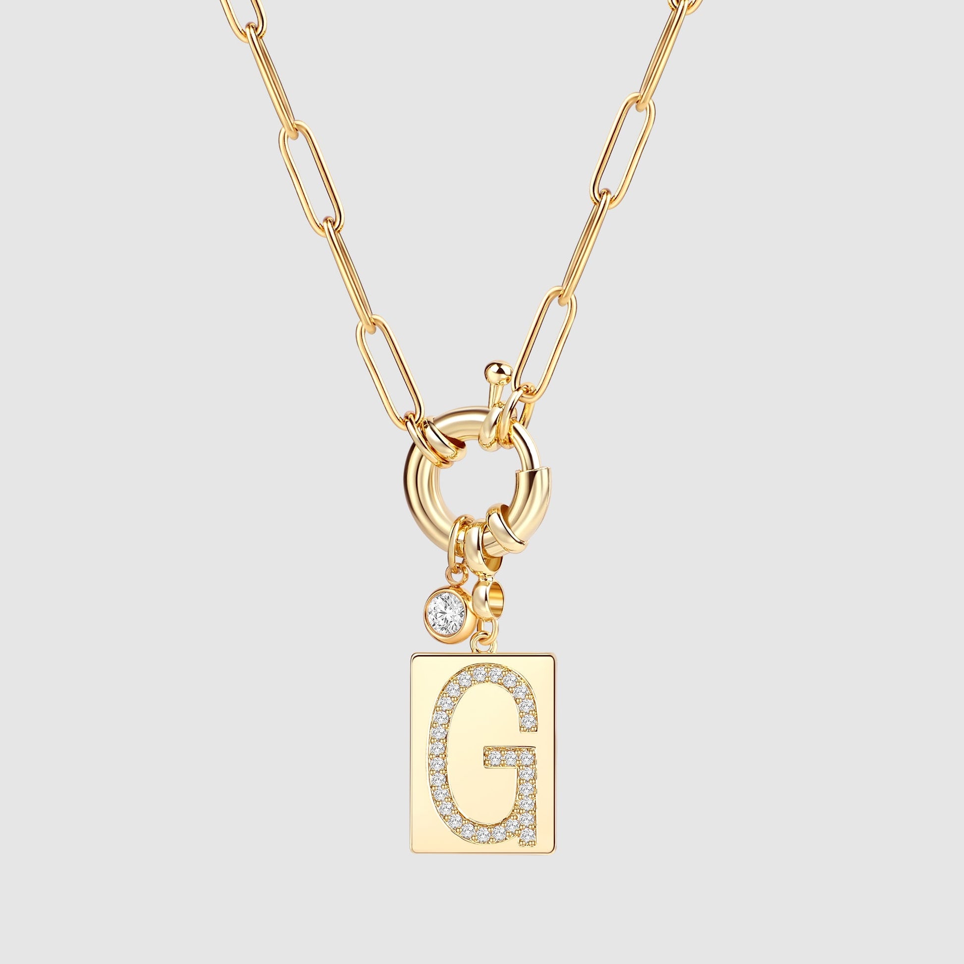 Pave Initial Pendant Necklace with Paperclip Chain