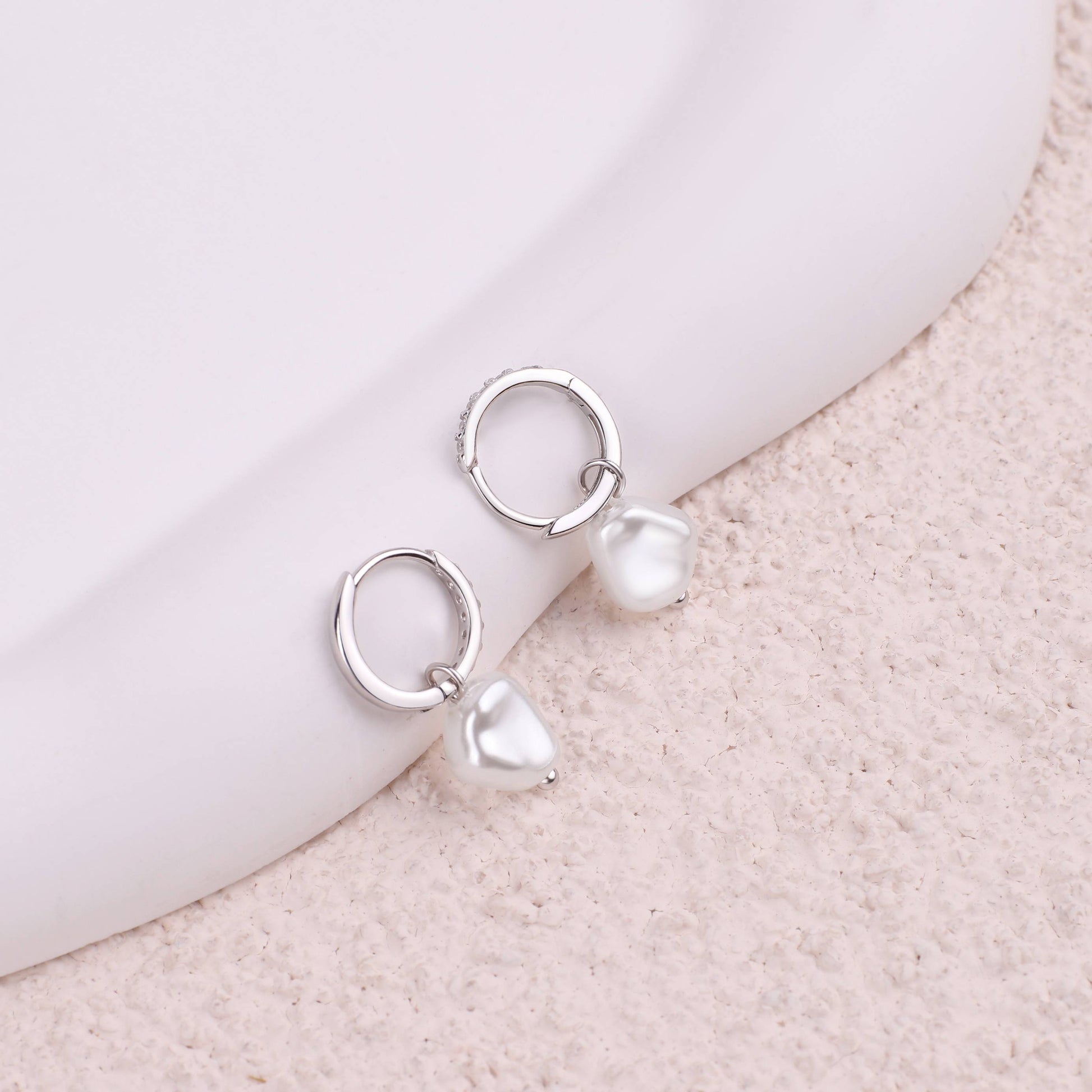 Freshwater Pearl Drop Pave Huggie Earrings