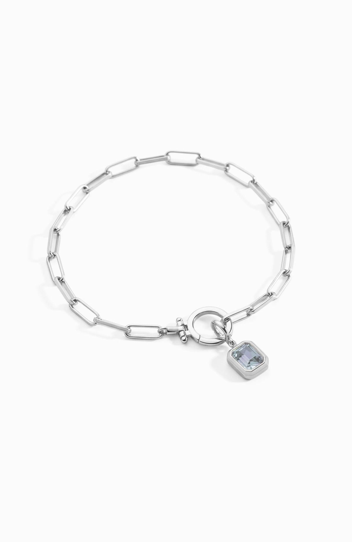 Baguette Birthstone Charm on Mint Paperclip Bracelet