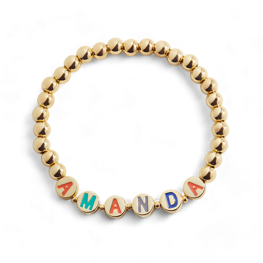 Custom Rainbow Letter Gold Disc Beaded Bracelet