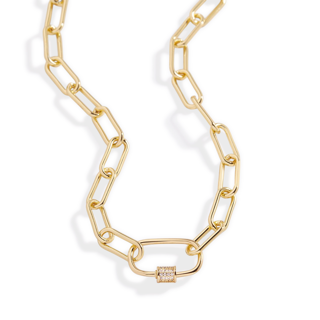 Link Chain Necklace with Pave Carabiner Clasp