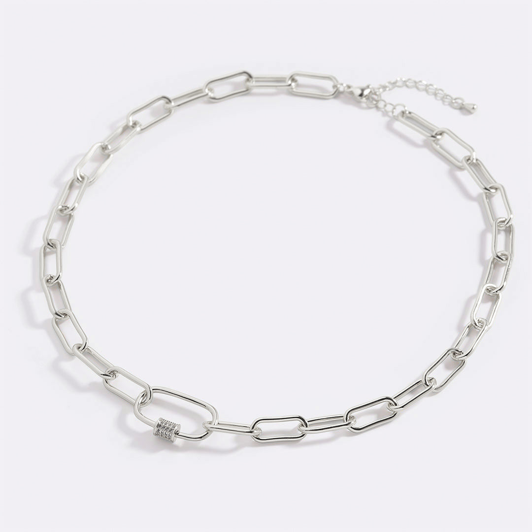Link Chain Necklace with Pave Carabiner Clasp