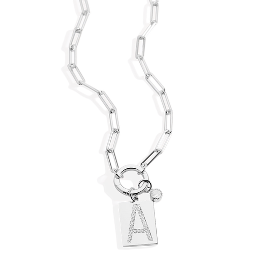 Sterling Silver Pave Initial Pendant Necklace with Paperclip Chain