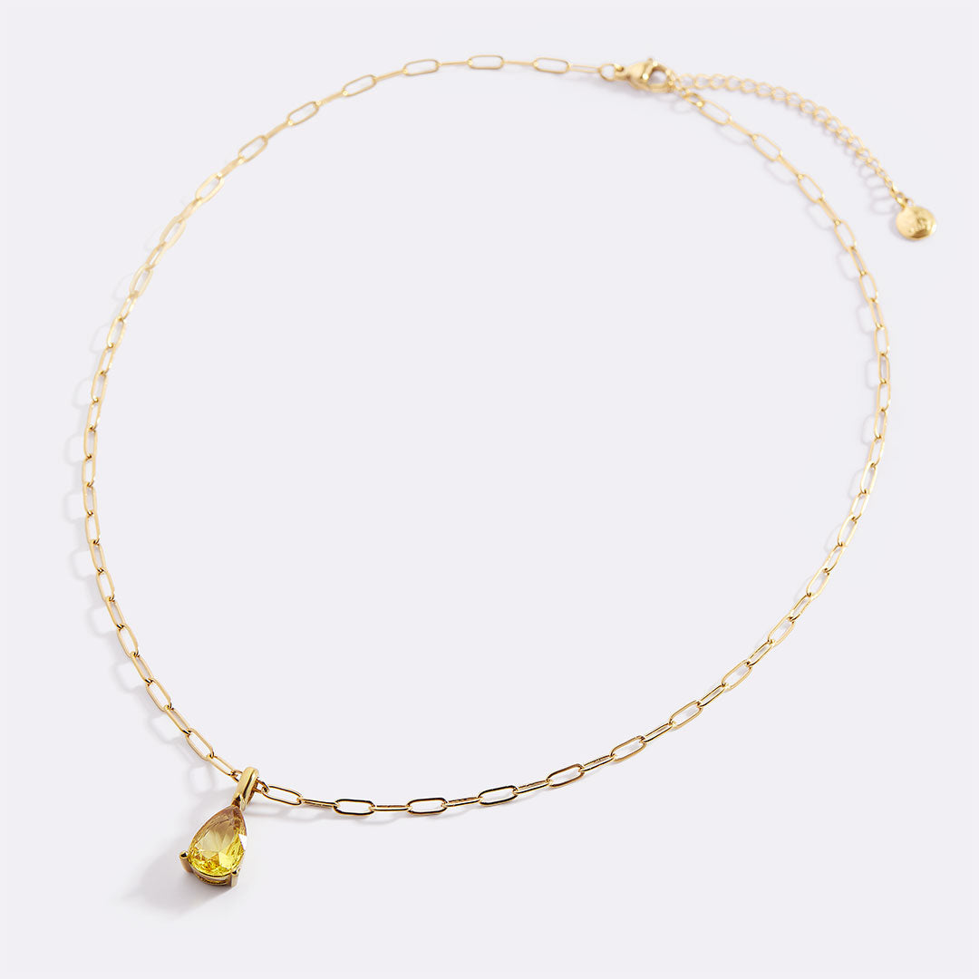 Birthstone Pendant Necklace with Dainty Paperclip Chain