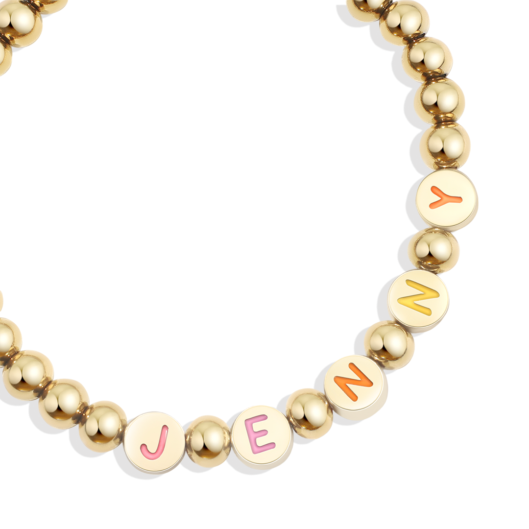 Custom Rainbow Letter Gold Disc Beaded Bracelet