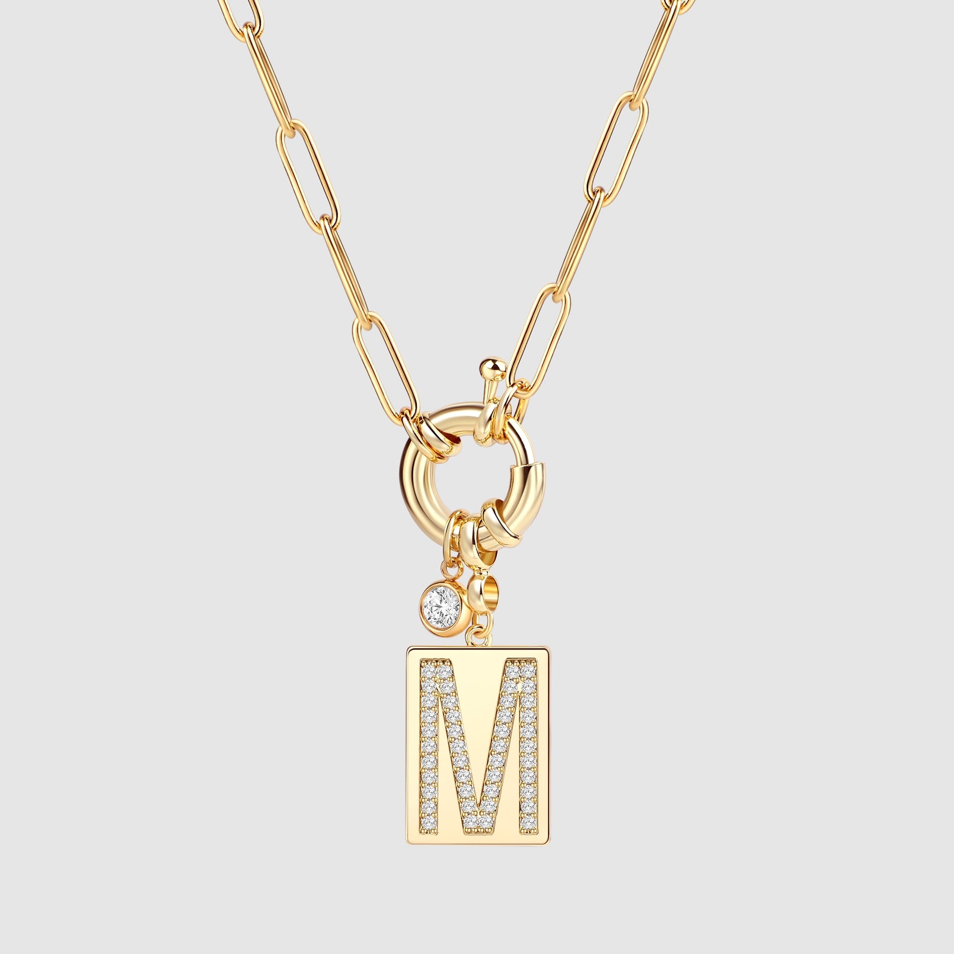 Pave Initial Pendant Necklace with Paperclip Chain
