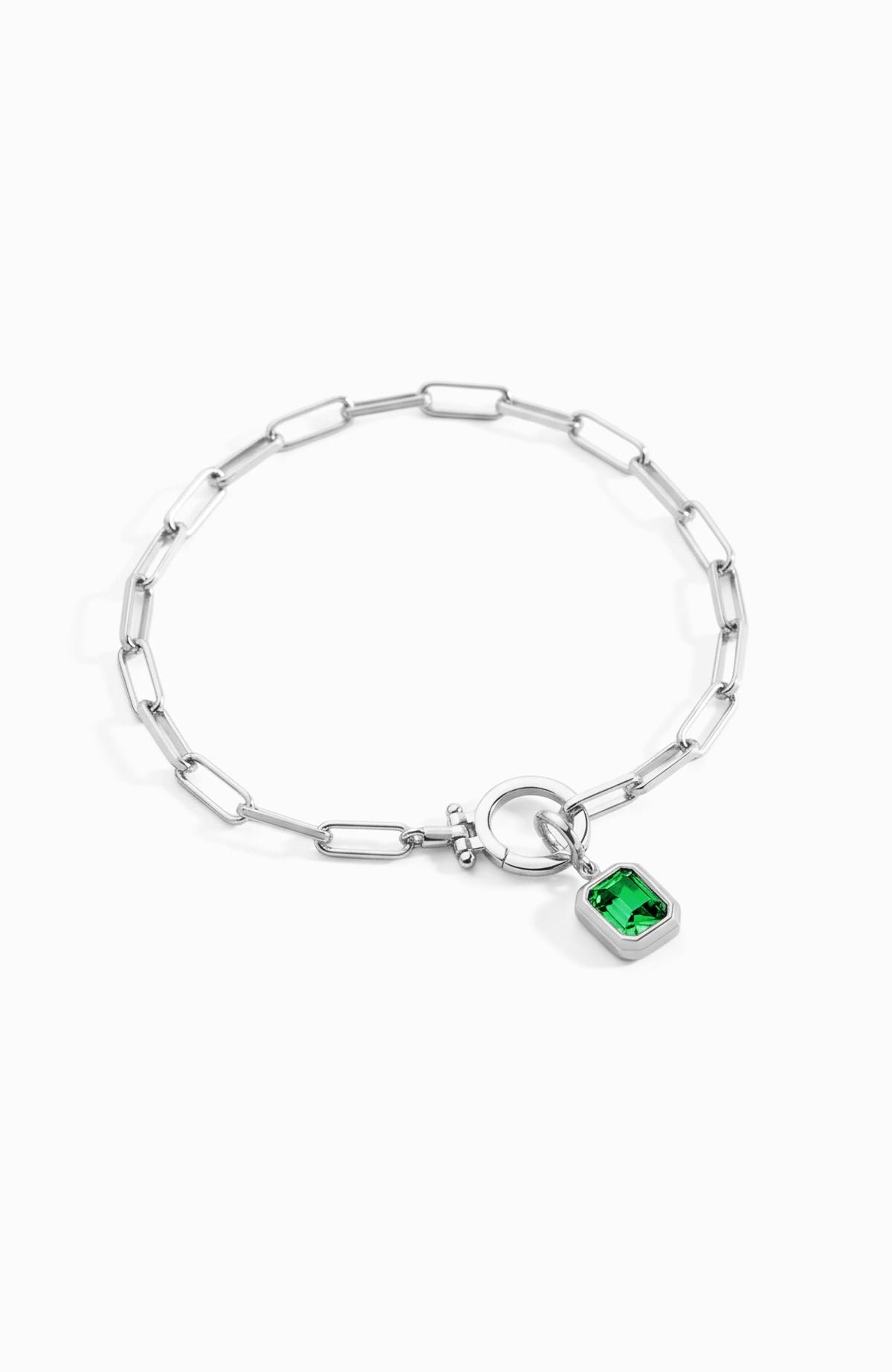 Baguette Birthstone Charm on Mint Paperclip Bracelet