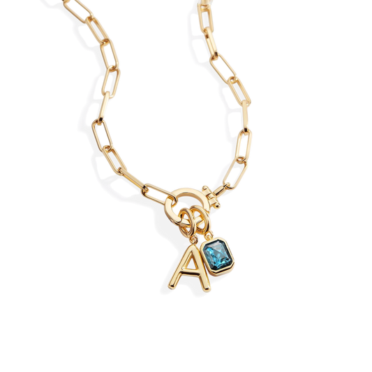 Mint Paperclip Necklace with Initial & Birthstone Charm