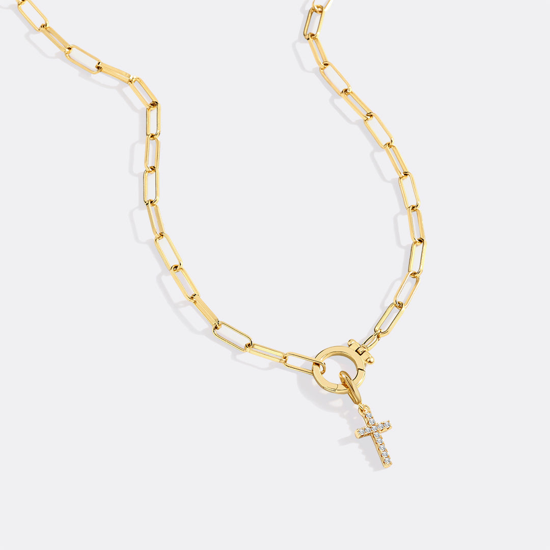 Mint Paperclip Necklace with Pave Cross Charm