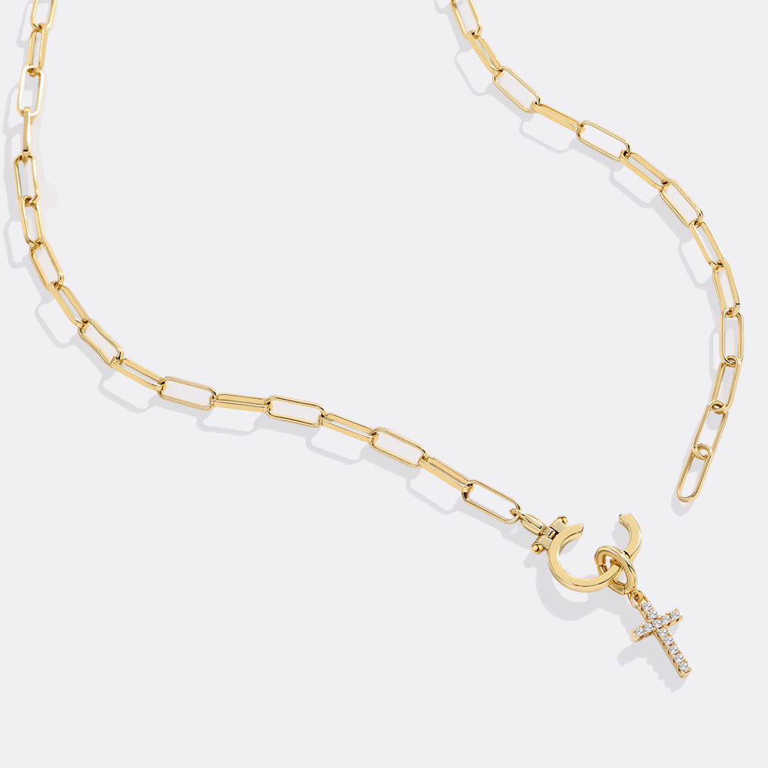 Mint Paperclip Necklace with Pave Cross Charm