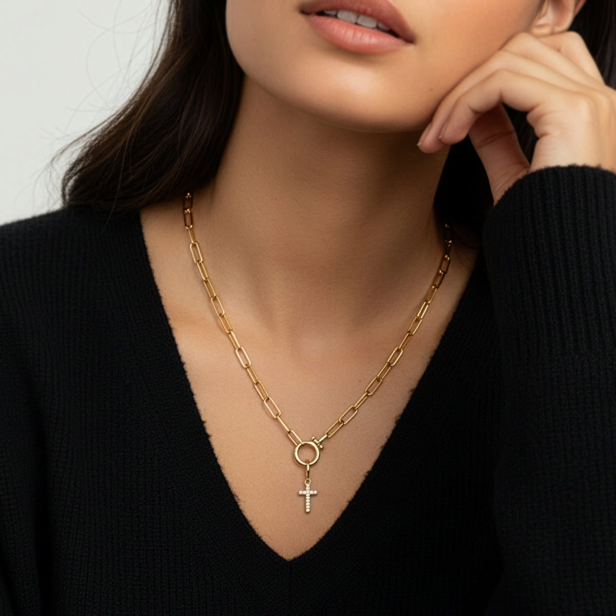 Mint Paperclip Necklace with Pave Cross Charm