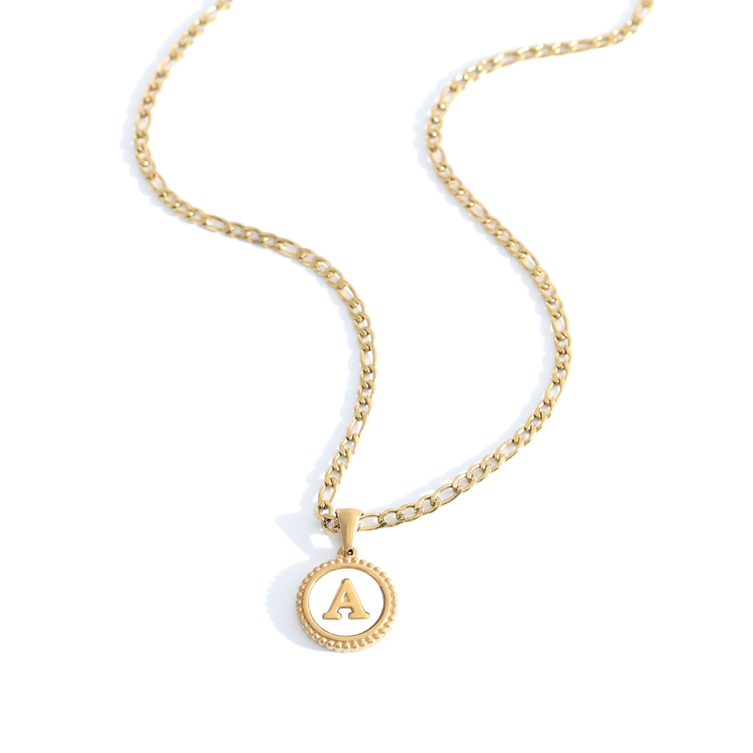 Mother of Pearl Disc Letter Necklace with Figaro Chain