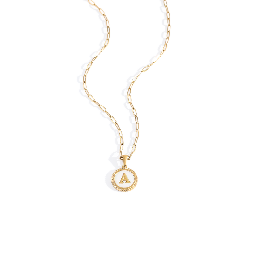 Mother of Pearl Disc Letter Necklace with Paperclip Chain
