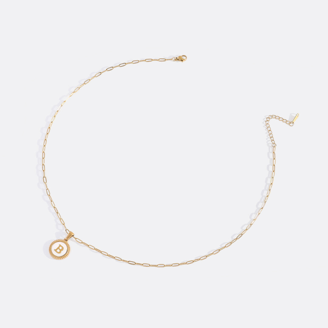 Mother of Pearl Disc Letter Necklace with Paperclip Chain