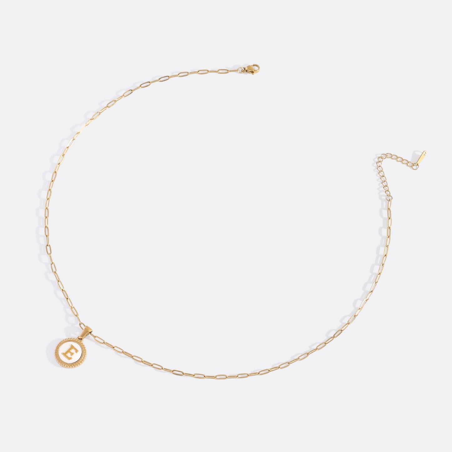 Mother of Pearl Disc Letter Necklace with Paperclip Chain