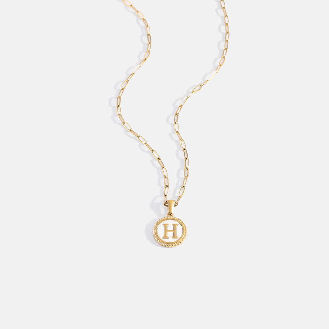 Mother of Pearl Disc Letter Necklace with Paperclip Chain