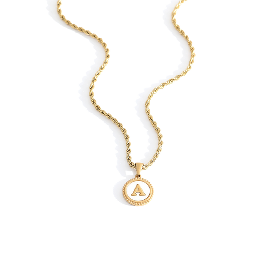 Mother of Pearl Disc Letter Necklace with Rope Chain