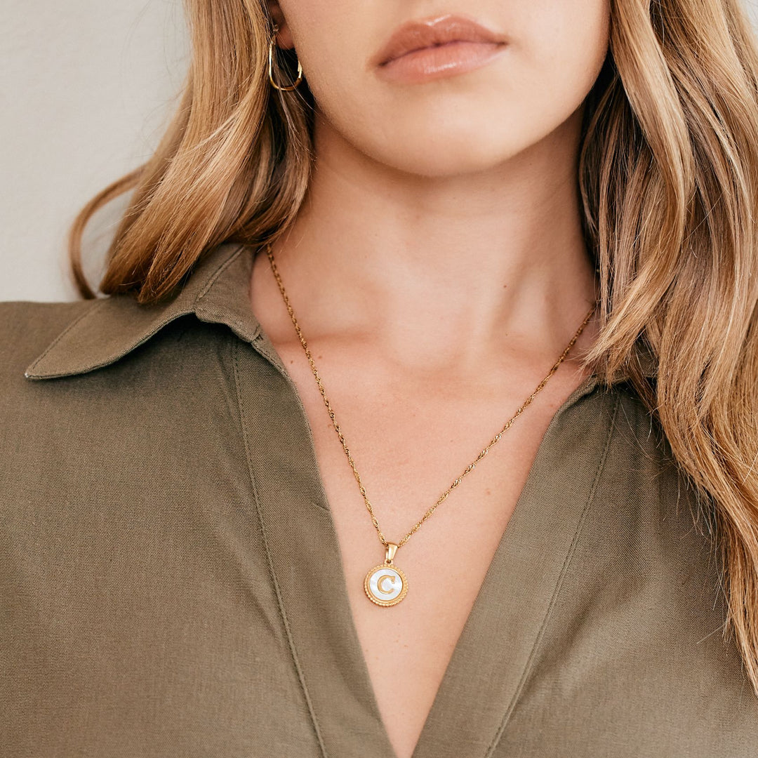 Mother of Pearl Disc Letter Necklace with Twist Chain