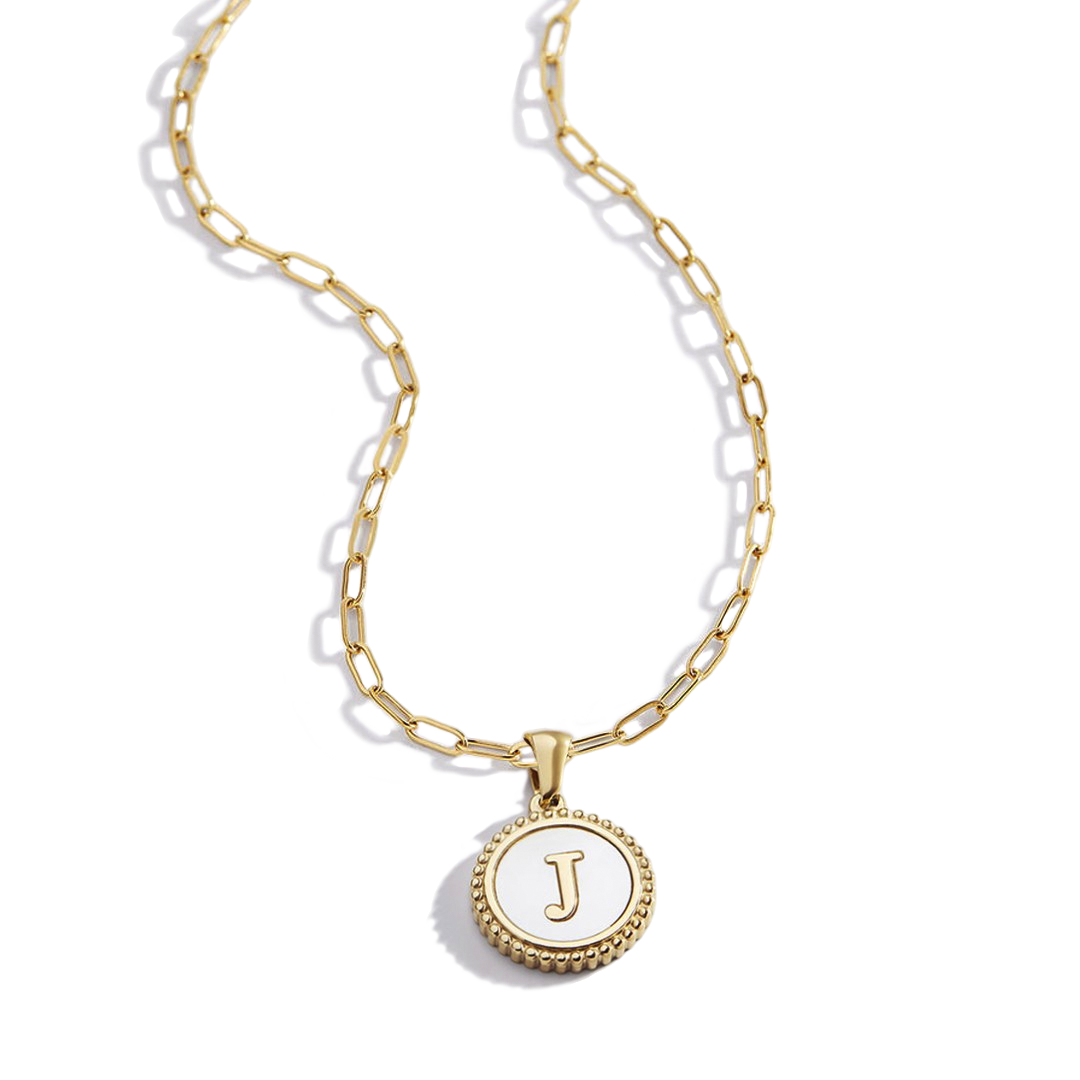 Mother of Pearl Disc Letter Necklace with Paperclip Chain