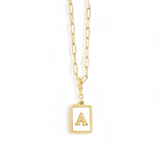 Mother of Pearl Card Initial Necklace | Paperclip Chain