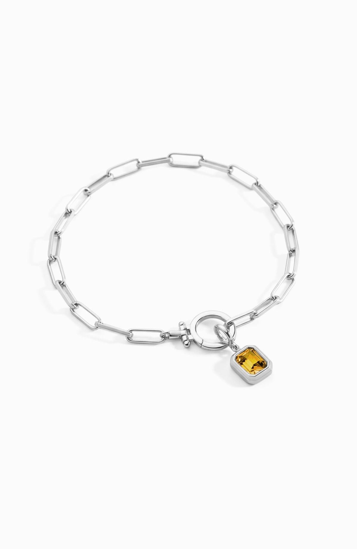 Baguette Birthstone Charm on Mint Paperclip Bracelet