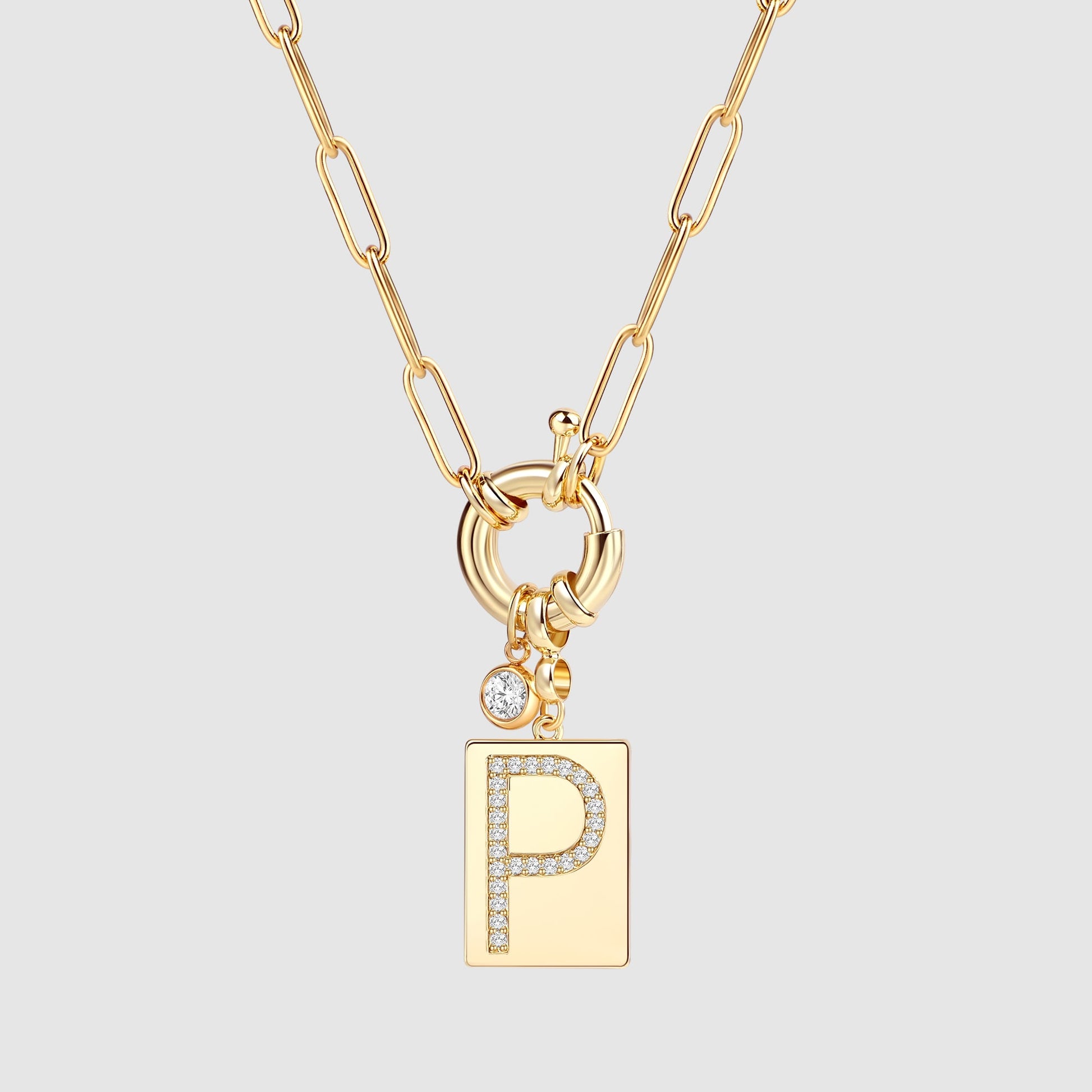Pave Initial Pendant Necklace with Paperclip Chain