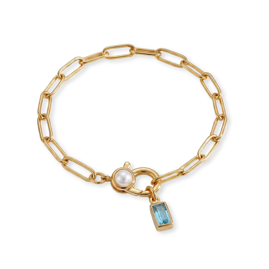 Paperclip Bracelet with Pearl Accent with Dainty Baguette Birthstone Charm