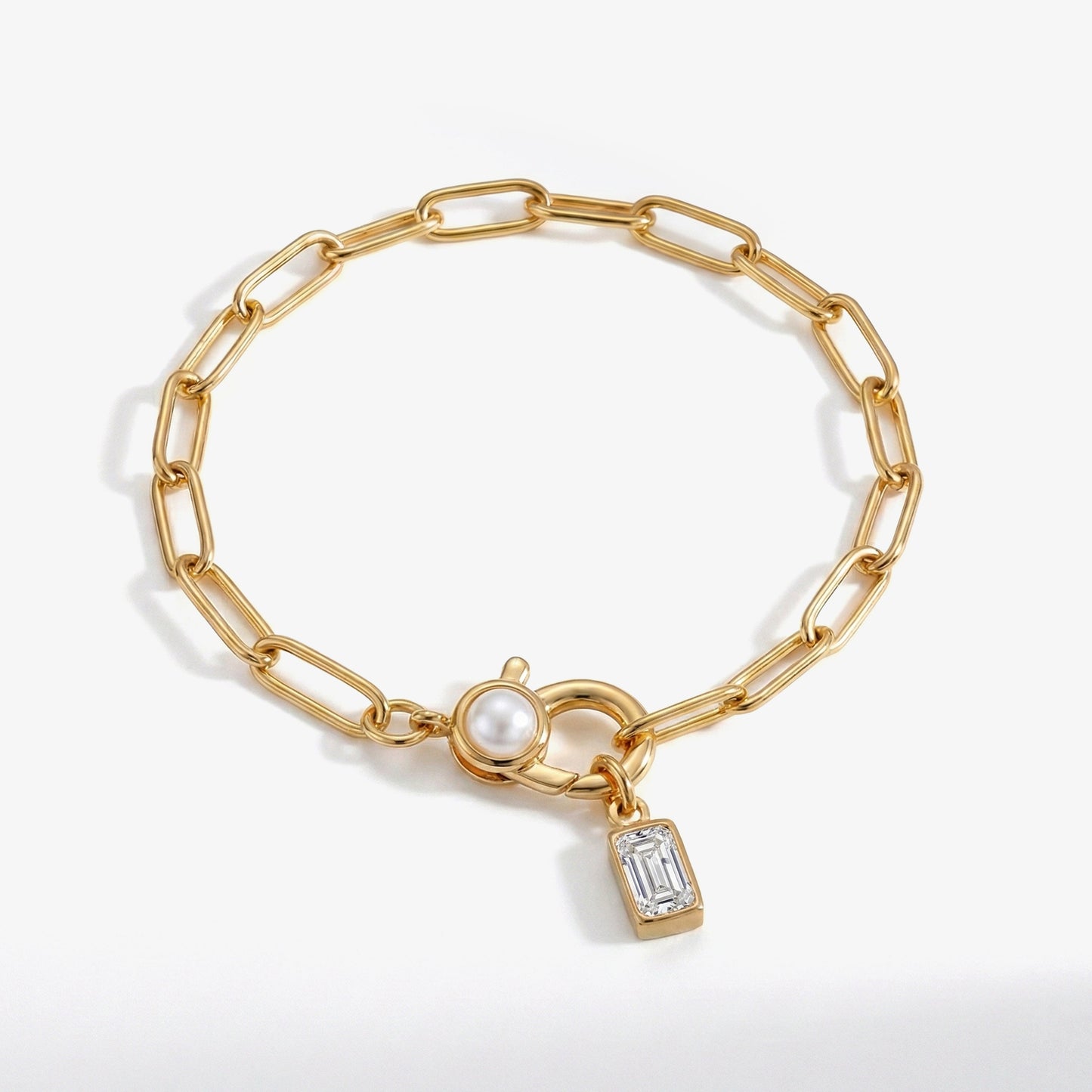 Paperclip Bracelet with Pearl Accent with Dainty Baguette Birthstone Charm