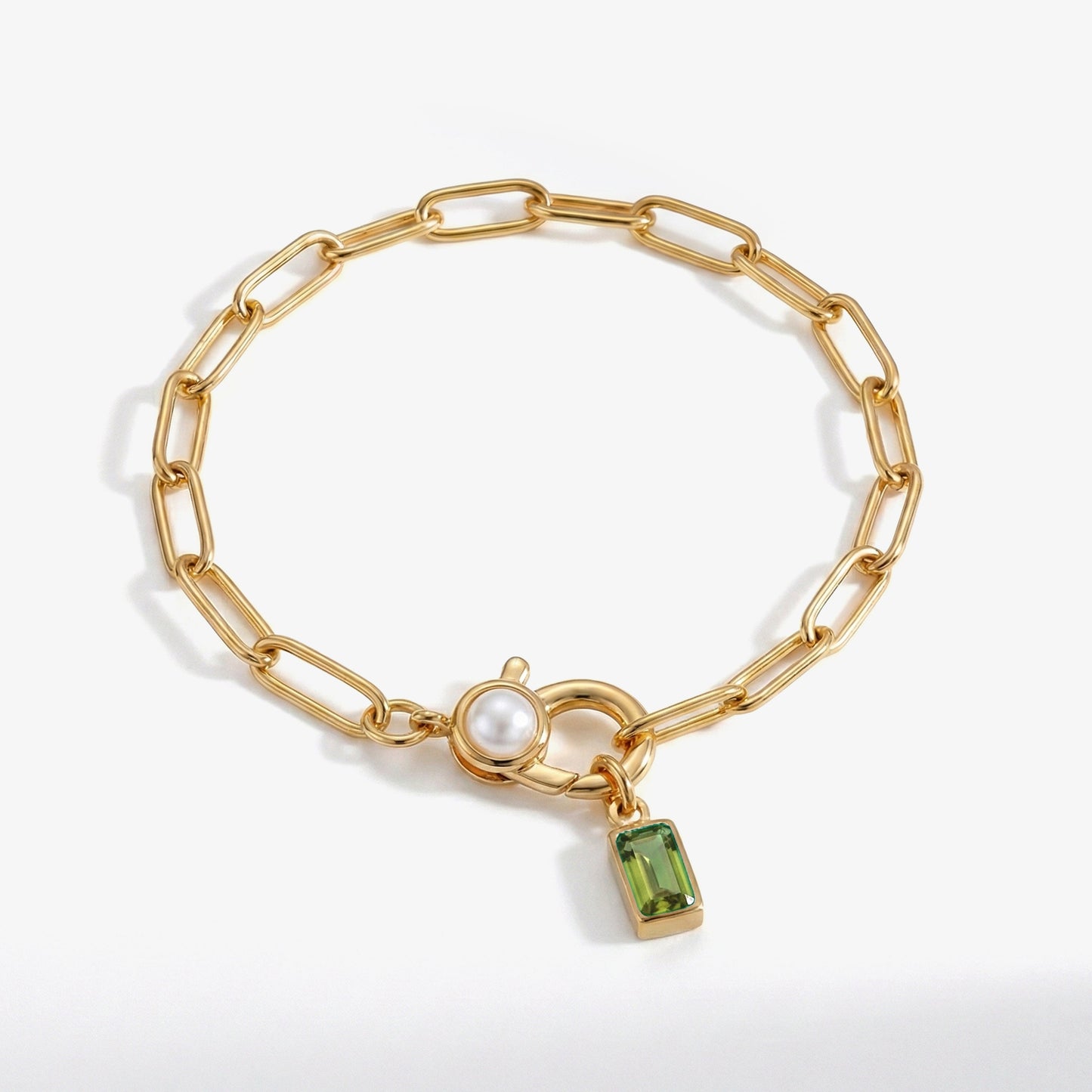 Paperclip Bracelet with Pearl Accent with Dainty Baguette Birthstone Charm