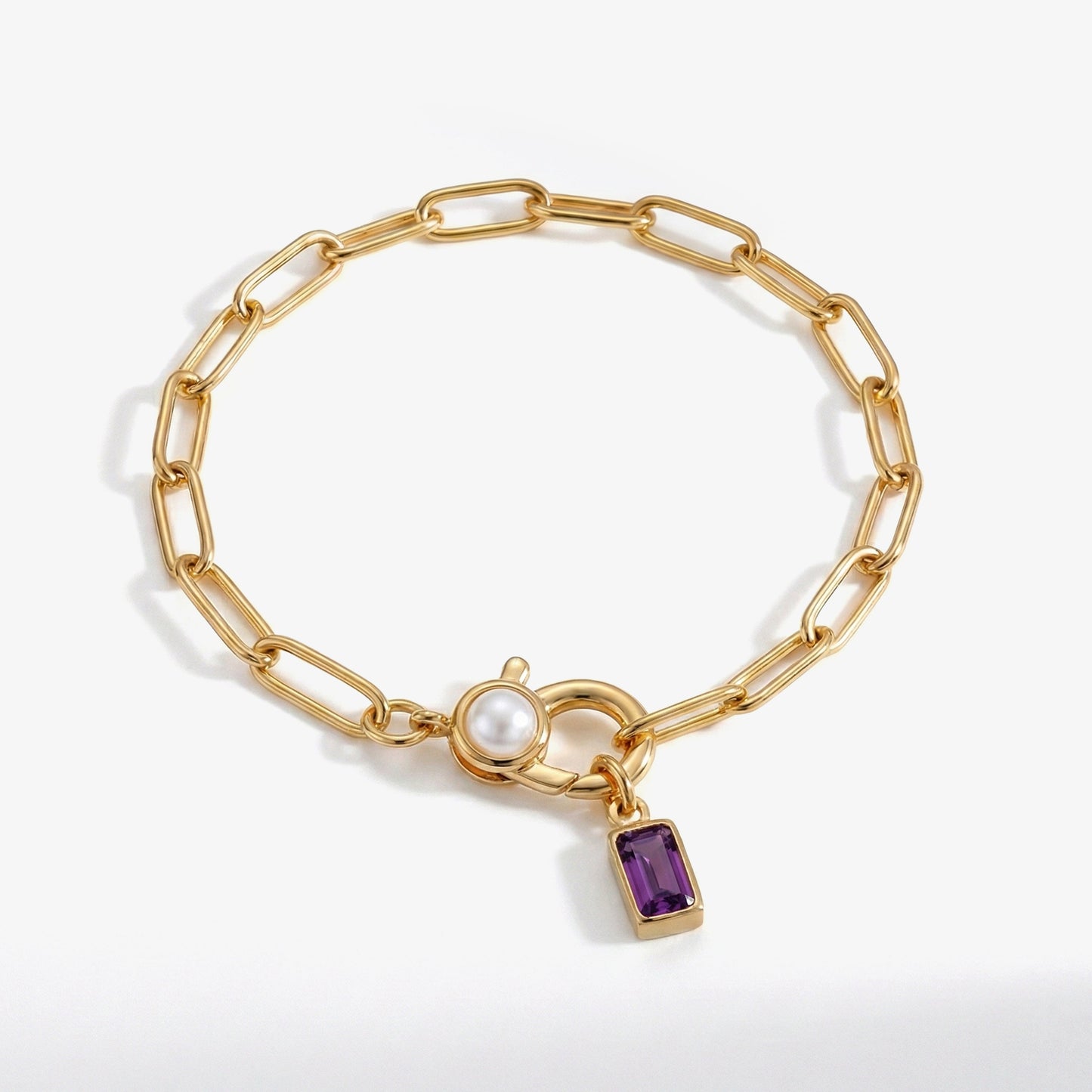 Paperclip Bracelet with Pearl Accent with Dainty Baguette Birthstone Charm